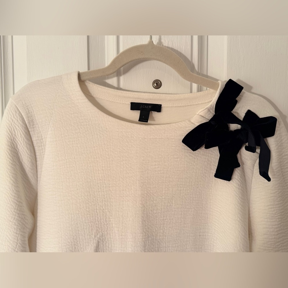 J. Crew Off-White Textured Top with Black Velvet Bow Accent - Picture 2 of 3
